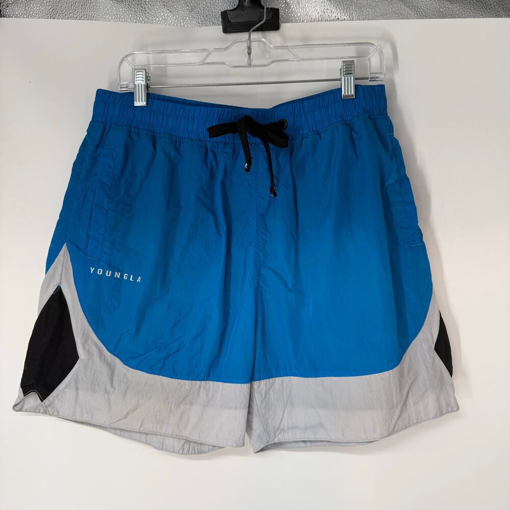 Young LA Colorblock Bodybuilding Swim Lined  Shorts Mens L Blue Gray Drawstring